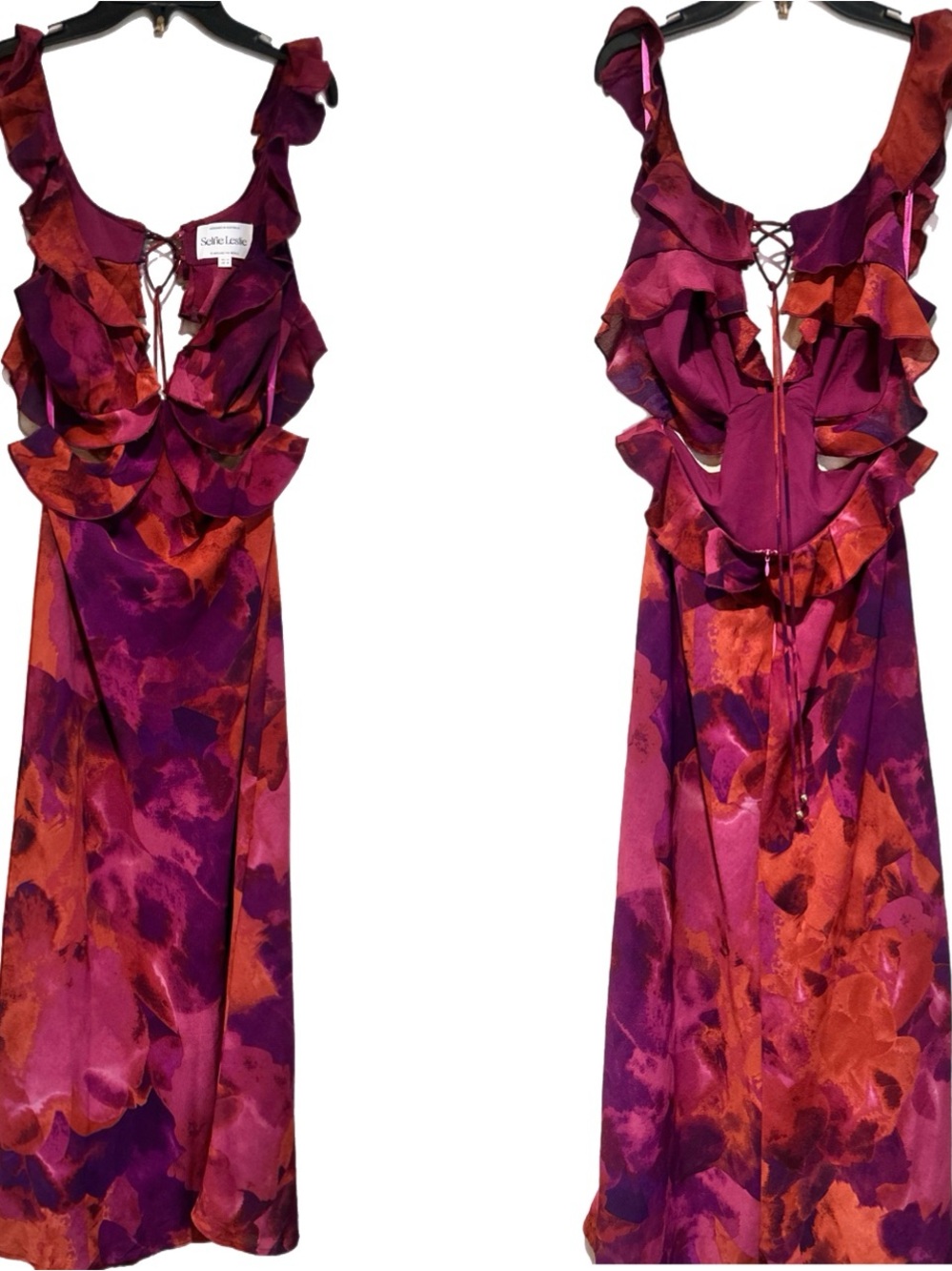 Second Chances Ruffle Trim Maxi Dress Flowers Dark Rose Size:Medium - Picture 3 of 8